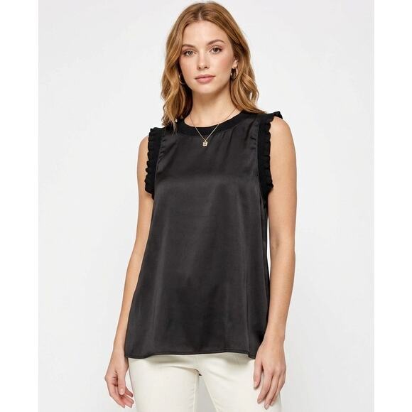 Ophelia Roe Tops - Ophelia Roe Tunic Top, Small, Black Satin Ruffle Sleeveless Summer Office Blouse